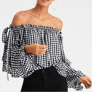 American Eagle Gingham Bow Off the Shoulder Top